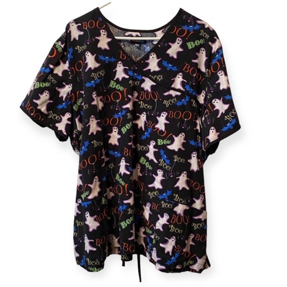 Peaches Scrub Top Women’s Size 3XL Halloween Ghost Tie‎ Back V Neck